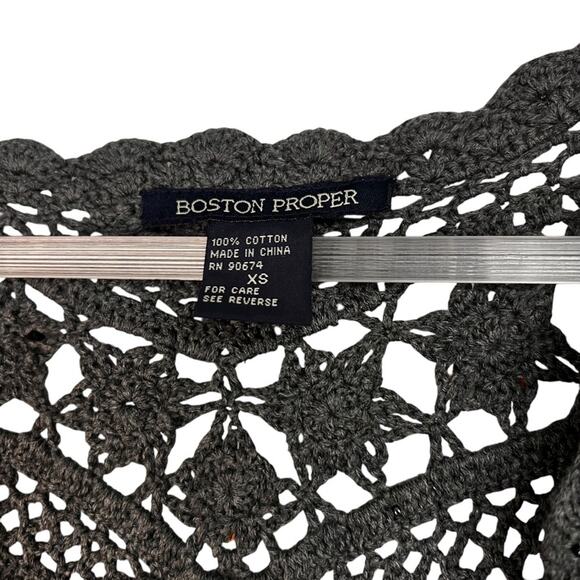 Boston Proper | XS Smoky Gray Lacy Crochet Look Open Weave Cardigan, Fabric Bow - Picture 11 of 16